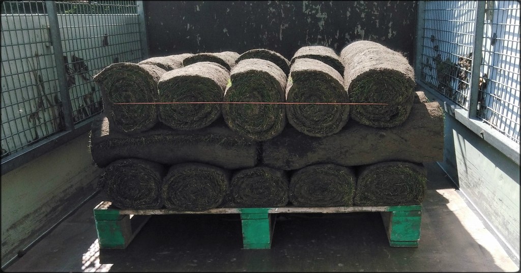 Rouleaux de pelouses sur une palette à l'arrière d'un camion